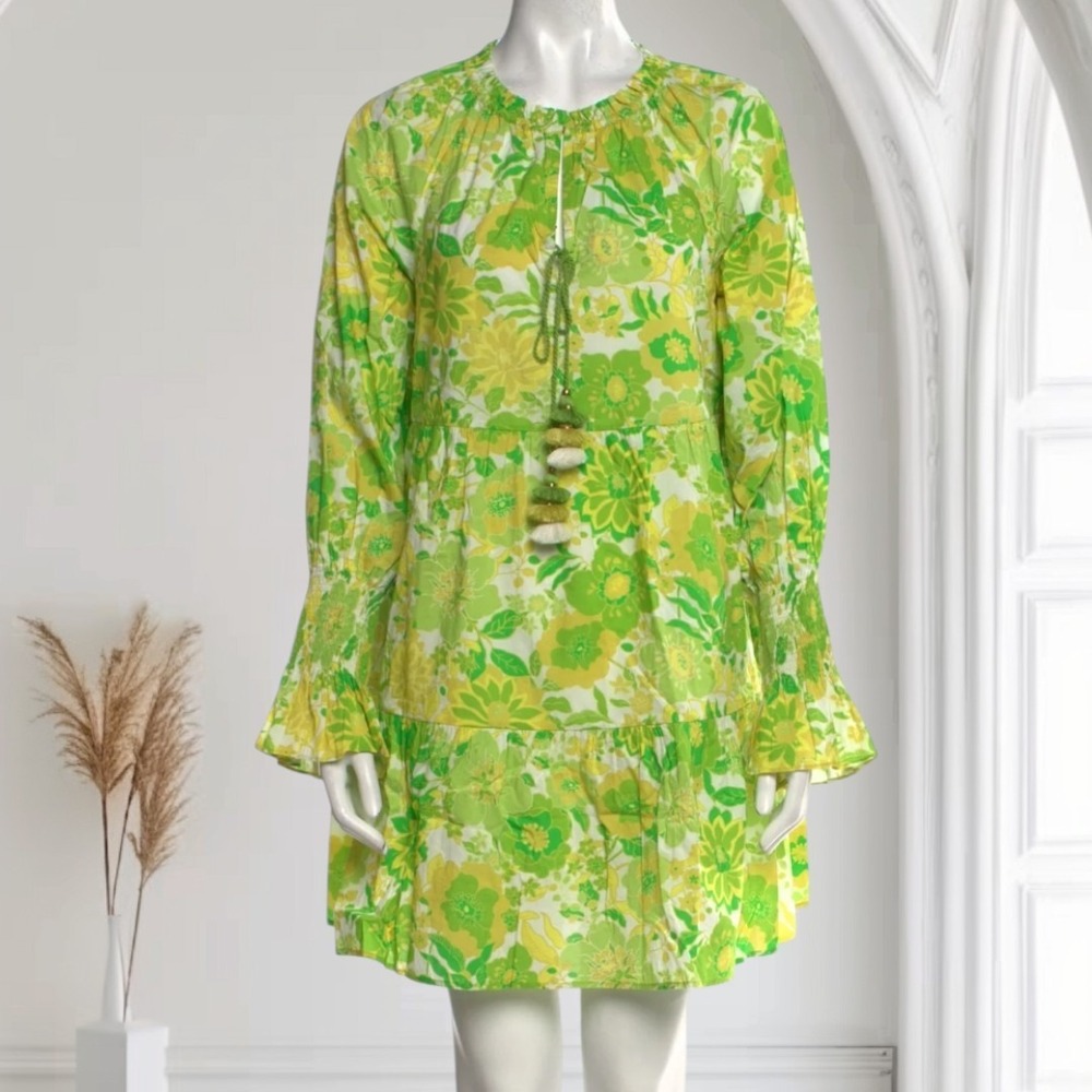 Figue Bella Tiered Mini Dress Womens XS Lime Retro Floral Cotton Prairie Boho